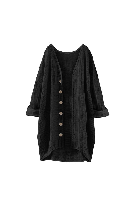 Lightweight Cardigans for Women Trendy Oversized Cotton Linen Long Shirts Open Front Button Down Soft Solid Color Plus Size Blouses Loose Tops Solid Color V Neck Long Sleeved Cardigan Black S