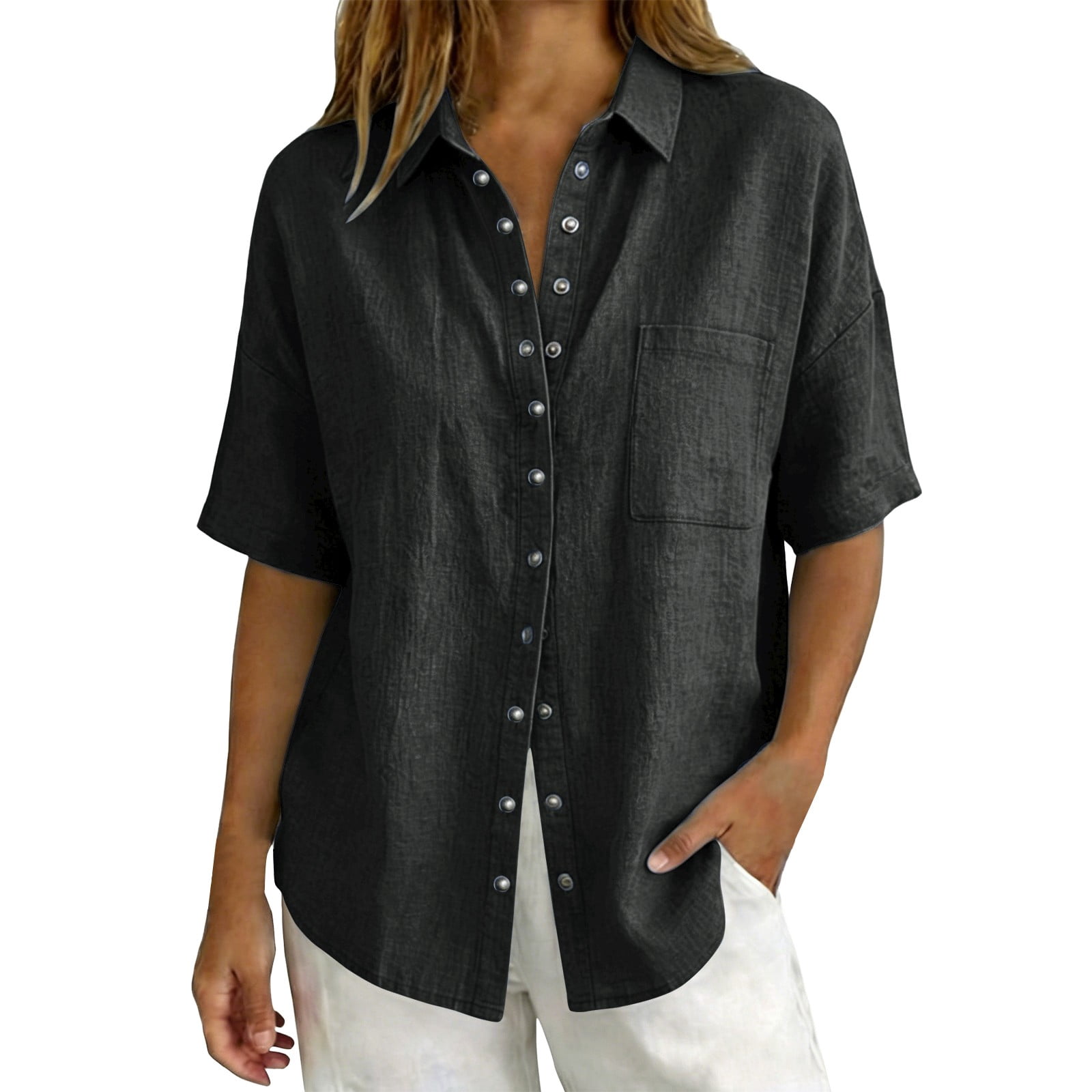 BODOAO Linen Cotton Button Down Shirt for Women Half Sleeve Lightweight ...