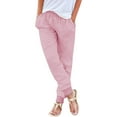 thumbnail image 1 of BODOAO Linen Pants Women Comfy Elastic Waist Drawstring Cotton Pants Lightweight Tapered Lounge Vacation Beach Pants Elastic Waist Pants Casual Trousers with Pockets Pink S, 1 of 9