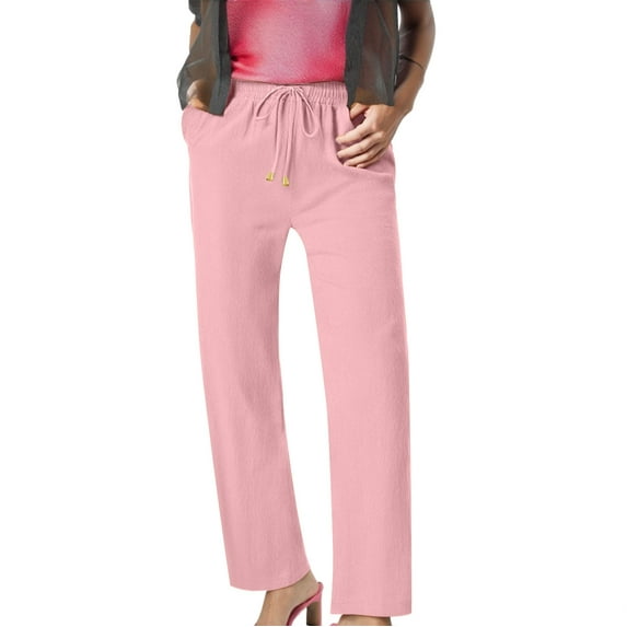 BODOAO Linen Pants Women Straight Leg Elastic High Waisted Palazzo Pants Casual Drawstring Solid Pant with Pockets 2025 Summer Wide Leg Pants Elastic Waist Pants Beach Trousers Pink M