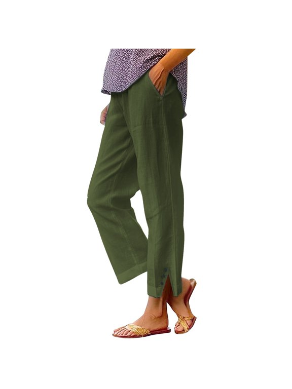 Linen Pants Women Straight Leg Pants Solid Color Slacks Palazzo Pants Cropped Summer Capris Pants Elastic Waist Trousers with Pockets Loose Fit Trousers Capris Trousers Long Pant Green S