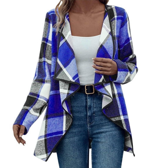 BODOAO Long Cardigans for Women Fall Fashion 2025 Sweaters,Open Front Long Sleeve Checkered Lightweight Cardigan Women Plaid Long Sleeve Open Front Work Blouses Fall Jacket Work Clothes Blue L