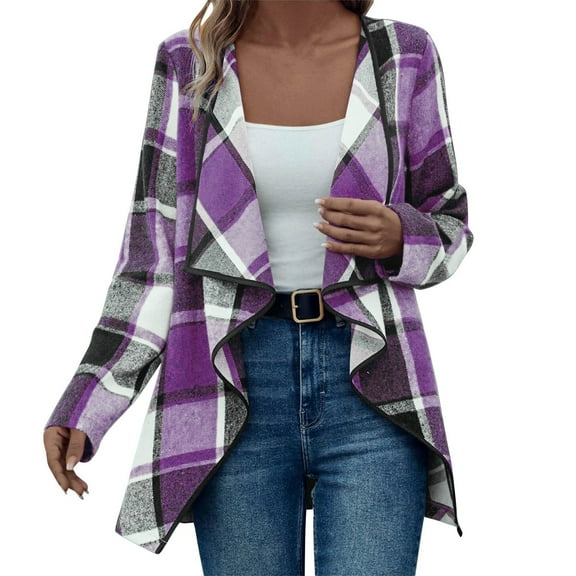 BODOAO Long Cardigans for Women Fall Fashion 2025 Sweaters,Open Front Long Sleeve Checkered Lightweight Cardigan Women Plaid Long Sleeve Open Front Work Blouses Fall Jacket Work Clothes Purple 4Xl