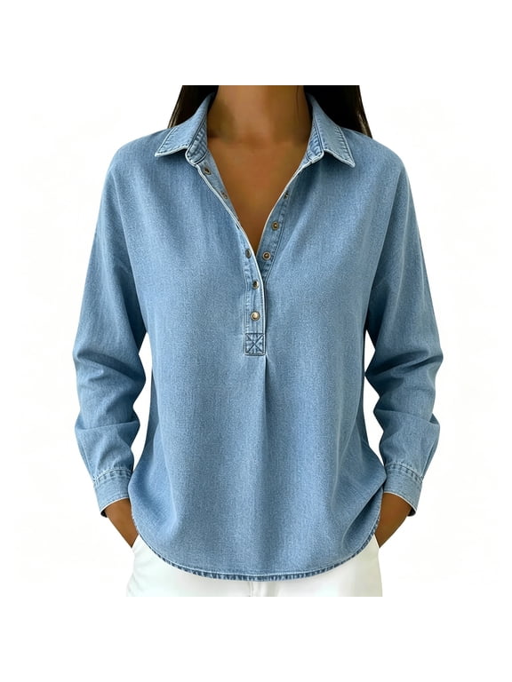 Long Sleeve Denim Shirt for Women, Collared Half Button Pullover with Relaxed Fit, Button Cuffs and Curved Hem, Casual Chambray Top for Fall Spring and Office Wear Sky Blue M