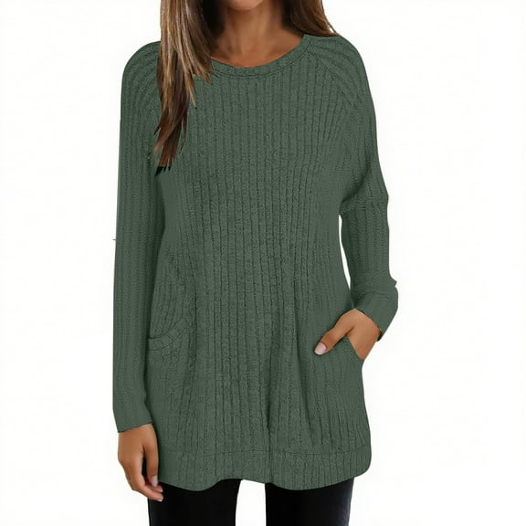 BODOAO Long Sleeve Shirts for Women 2025 Fall Clothes Tunic Tops Loose Fit Dressy Crewneck Pullover Sweaters with Pockets Loose Fit Rib Knit Lightweight Long Sweater Crew Neck Pullover Green S