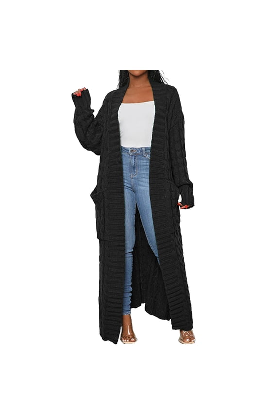 Long Sweaters for Women Cardigan Open Front Long Sleeve Plus Size Chunky Cable Knit Duster Cardigans with Pockets Winter Coat Solid Color Loose Knit Sweater Outerwear Long Cardigan Black 3Xl