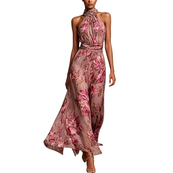 BODOAO Maxi Dresses for Women Floral Halter Neck Sleeveless Chiffon Pleated Long Dress, Flowy Summer Wedding Guest Outfit for Beach Vacation and Special Events Pink 3XL