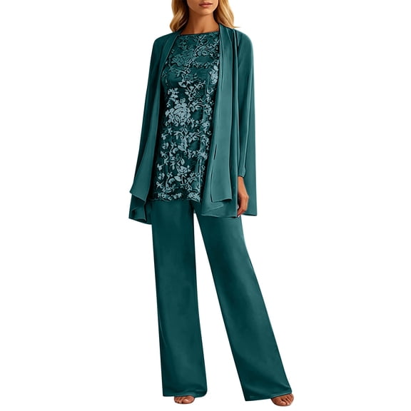 BODOAO Mother of The Bride 3 Piece Pantsuit for Women Lace Tank Top with Draped Open Cardigan and Wide Leg Dress Pants Elegant Formal Wedding Guest Evening Outfit Set Multiple Colors Green L