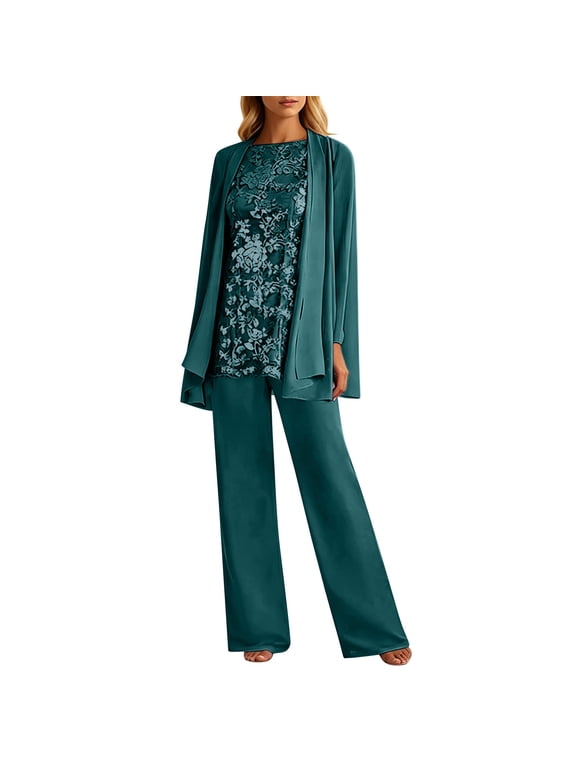 Mother of The Bride 3 Piece Pantsuit for Women Lace Tank Top with Draped Open Cardigan and Wide Leg Dress Pants Elegant Formal Wedding Guest Evening Outfit Set Multiple Colors Green L