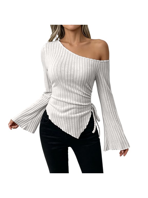 One Shoulder Bell Sleeve Top for Women, Ribbed Knit Side Drawstring Asymmetrical Pointed Hem, Slim Fitted Clubwear Shirt for Night Out and Parties Beige XL