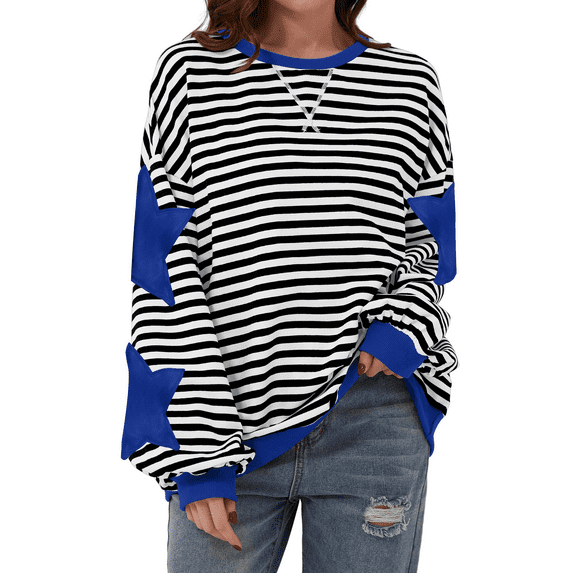 BODOAO Oversized Striped Crewneck Sweatshirt for Women Long Sleeve Color Block Pullover Tops Casual Loose Workout Shirt Sweatshirt 2024 Fall Crewneck Star Striped Top Hoodies Lightweight Blue L