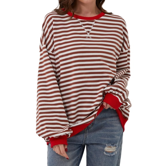 BODOAO Oversized Striped Crewneck Sweatshirt for Women Long Sleeve Color Block Pullover Tops Casual Loose Workout Shirt Women Oversized Striped Crew Neck Sweatshirt Loose Pullover Shirt Top Red M