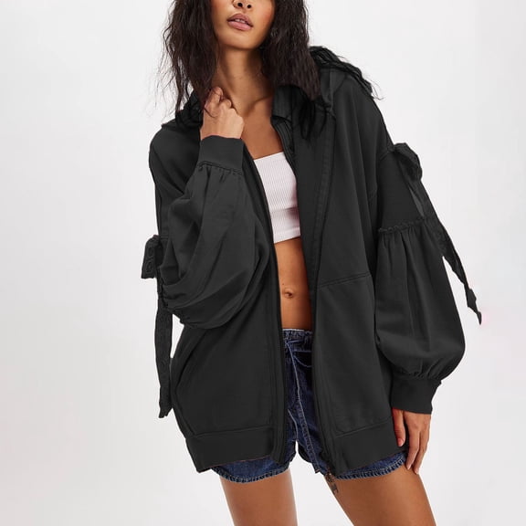 BODOAO Oversized Zip Up Hoodie Women Lace Bow Balloon Long Sleeve Hooded Jacket Y2K Casual Fall Sweatshirt with Pockets Y2K Open Front Loose Fit Sweatshirt Casual Going Out Coat Fall Winter Trendy