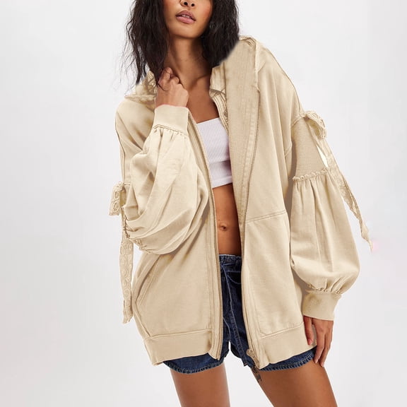 BODOAO Oversized Zip Up Hoodie Women Lace Bow Balloon Long Sleeve Hooded Jacket Y2K Casual Fall Sweatshirt with Pockets Y2K Open Front Loose Fit Sweatshirt Casual Going Out Coat Fall Winter Trendy