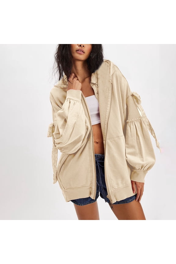 Oversized Zip Up Hoodie Women Lace Bow Balloon Long Sleeve Hooded Jacket Y2K Casual Fall Sweatshirt with Pockets Y2K Open Front Loose Fit Sweatshirt Casual Going Out Coat Fall Winter Trendy