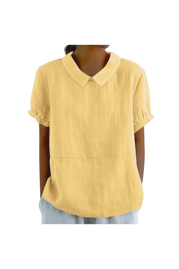 Peter Pan Collar Cotton Linen Tops Loose Fit Blouses Pullover Spring Shirt Tunic Tops Oversized Blouse Beach Tops Lightweight Plain Blouses Short Sleeve Vacation Shirts Summer Blouses Yellow L