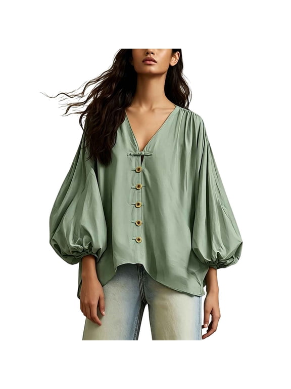 Puff Sleeve Blouse for Women Oversized Button Down Shirt with V Neck Long Balloon Sleeves Gathered Cuffs Drop Shoulders and High Low Curved Hem for Casual Wear Green 2XL