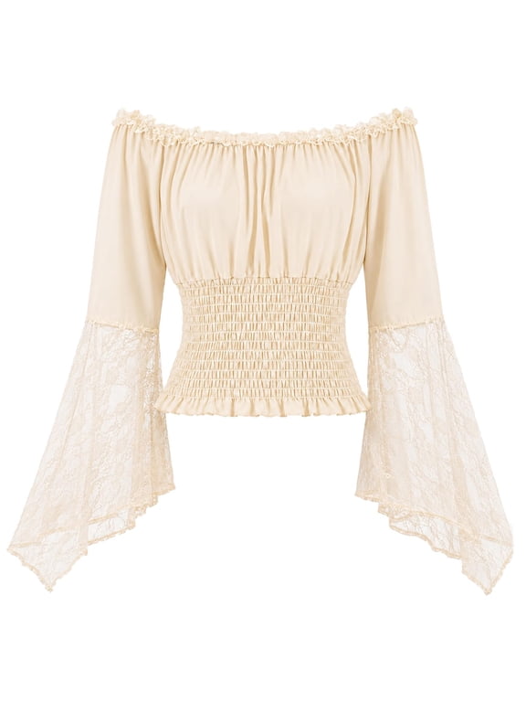 Off Shoulder Lace Bell Sleeve Top for Women Smocked Waist Long Sleeve Ruffle Crop Blouse Gothic Vintage Shirt for Party Date Night Festival Daily Wear Beige 2XL