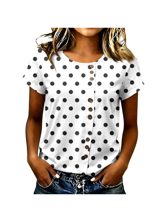 Summer Button Down Tops for Women Loose Fit Crew Neck Short Sleeve Polka-dot Tshirts Workout Plus Size Business Casual Going out Tunic Blouses White 2XL
