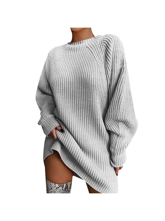 Sweater Dresses for Women 2025 Mid Length Dress with Shoulder Sleeves and Half Turtleneck Sweater Fall Fashion Mock Neck Long Lantern Sleeve Oversized Outfits Knit Sweater Tops Grey 3Xl