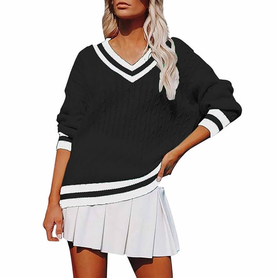 BODOAO Sweaters for Women Oversized V Neck Varsity Stripe Knit Pullover with Long Sleeves Preppy Casual Top for Fall Winter College Style and Weekend Outfits Black L