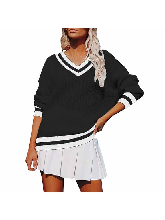 Sweaters for Women Oversized V Neck Varsity Stripe Knit Pullover with Long Sleeves Preppy Casual Top for Fall Winter College Style and Weekend Outfits Black M