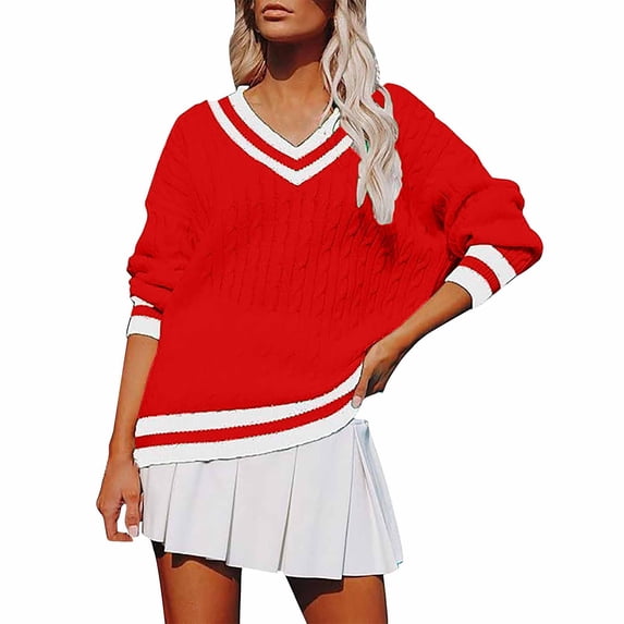 BODOAO Sweaters for Women Oversized V Neck Varsity Stripe Knit Pullover with Long Sleeves Preppy Casual Top for Fall Winter College Style and Weekend Outfits Red S