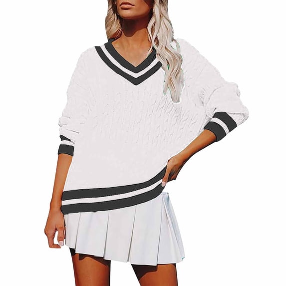 BODOAO Sweaters for Women Oversized V Neck Varsity Stripe Knit Pullover with Long Sleeves Preppy Casual Top for Fall Winter College Style and Weekend Outfits White 2XL