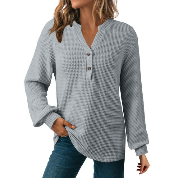 BODOAO Sweatshirts for Women Hoodies Knit Tops 2025 Casual Button Shirts Long Sleeve V Neck Blouses Basic Tee Graphic Printed Pullover Top Comfy Fall Winter Outfits Clothes 2025 Fashion Light Ashy M