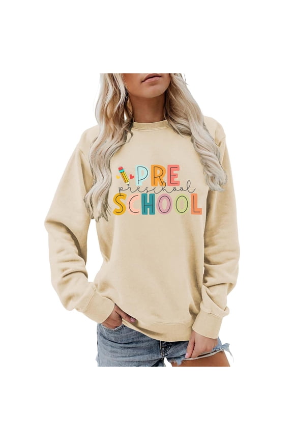 Teacher Sweatshirt for Women Pullover Sweaters Long Sleeve Letter Graphic Collared Sweater Colorful Teacher Crewneck Sweatshirt Teach Long Sleeve Pullover Shirt Tops Light Yellow Xxl