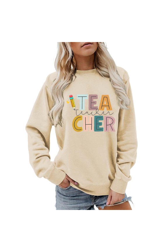 Teacher Sweatshirt for Women Pullover Sweaters Long Sleeve Letter Graphic Collared Sweater Colorful Teacher Crewneck Sweatshirt Teach Long Sleeve Pullover Shirt Tops Yellow 3Xl
