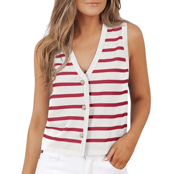 BODOAO Vest Tops for Women 2025 Fall Outfits Striped Sweaters Button Up Casual Shirts Blouses Jacket Fashion Clothes Women's Fashion Casual Striped Top Short Button Cardigan Sweater Vest Red S