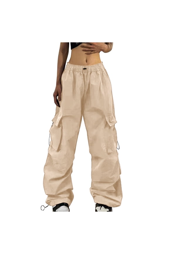 Women Baggy Cargo Pants Trendy Casual Parachute Track Pants Elastic Waist Lightweight Joggers Hiking Pants Elastic High Waist Cargo Pants Multiple Pockets Jogger Pant Khaki M