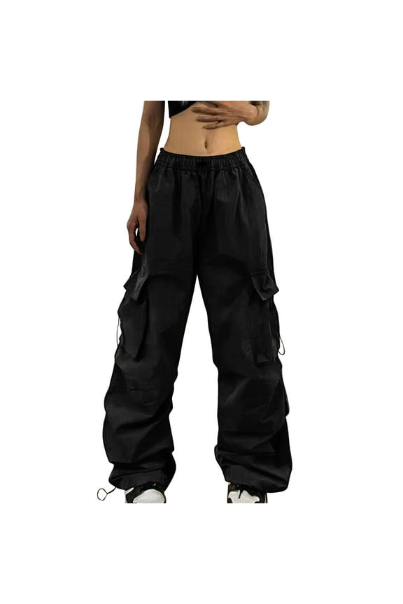 Women Baggy Cargo Pants Trendy Casual Parachute Track Pants Elastic Waist Lightweight Joggers Hiking Pants Elastic High Waist Cargo Pants Multiple Pockets Jogger Pant Black 3Xl