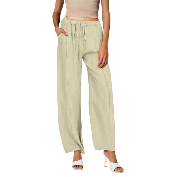BODOAO Women Casual Solid Color Cotton Blend Drawstring Elastic Waist Pocket Long Wide Leg Pants Casual Linen High Waist Pants Drawstring Loose Fit Summer Wide Leg Pants Trousers with Side Pockets