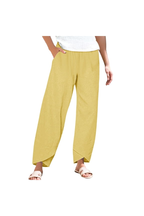 Women Cotton Linen Cropped Trousers Everyday Capri length Easy Care Cotton Linen Blend 7/8 length Elastic Waist Pants Tulip Pants Relaxed Fit Breathable Loungewear Flowy Yellow 3XL