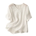 thumbnail image 1 of BODOAO Women Cotton Linen Embroidered Shirts Loose Fit Blouses Loungewear Office Blouses Boho Tops Mexican Tunic Tops Peasant Blouses Soft Breathable Summer Skin-Friendly Tops V Neck White Xl, 1 of 7