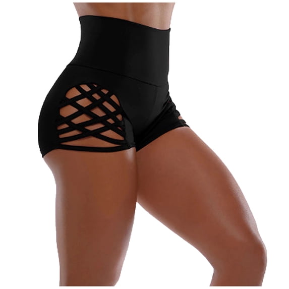 BODOAO Women High Waist Yoga Shorts Criss Cross Hollow Design Booty Lifting Workout Shorts Tummy Control Stretch Athletic Gym Shorts for Running Fitness Training Summer Activewear Black L