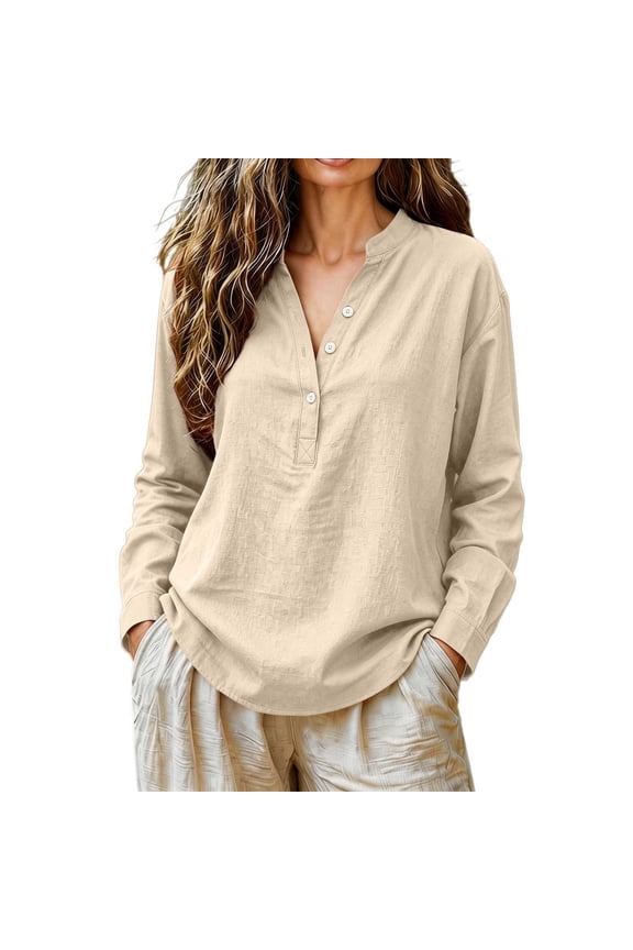 Women Long Sleeve Linen Tops Pullover Lightweight Plain Blouses Fashion Outfits Henley Neck Summer Vacation Shirts Casual Top Beach Tops Soft Breathable Gauze Tops Beige L