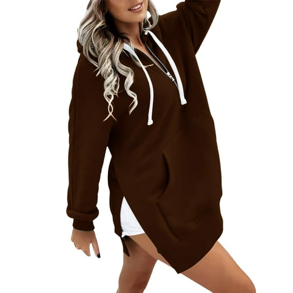 BODOAO Women Oversized Hoodie Dress Pullover Winter Kangaroo Pocket Split Hem Sweatshirt Fall Tops Casual Loungewear Solid Warm Zipper Sweatshirt Pullover Long Sleeve Pocket Sweatshirt Tops Brown L