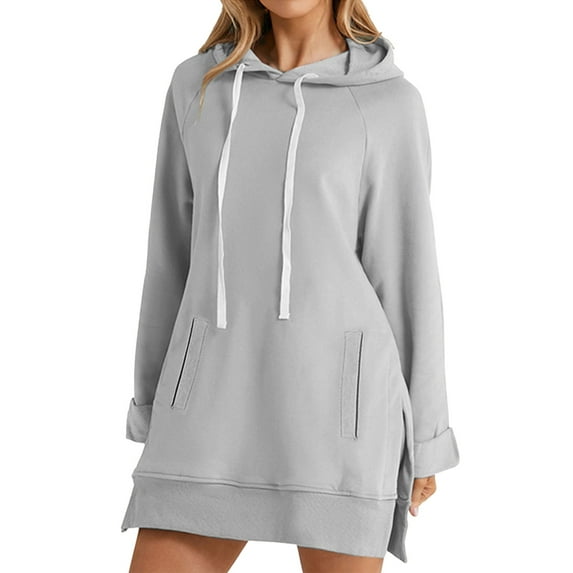 BODOAO Women Oversized Hoodie Dress Pullover Winter Kangaroo Pocket Split Hem Sweatshirt Fall Tops Casual Loungewear Warm Sweatshirt Long Sleeve O Neck Soft Solid Shirt Winter Sweatshirts Tops Grey S