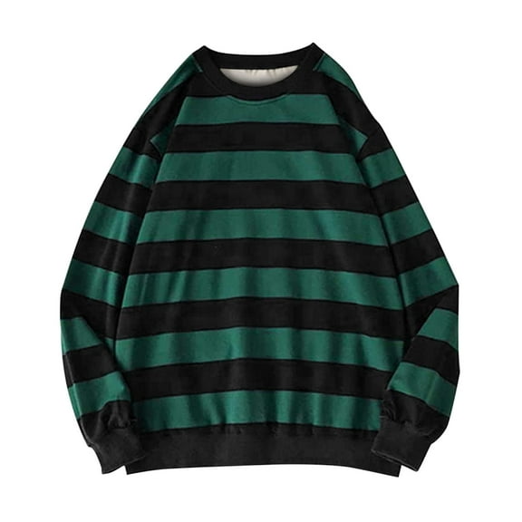 BODOAO Women Oversized Striped Crewneck Sweatshirt Long Sleeve Color Block Pullover Tops Casual Loose Workout Shirt Autumn Winter Sweatshirt Round Pullover Long Sleeved Stripe Blouse Army Green Xxl