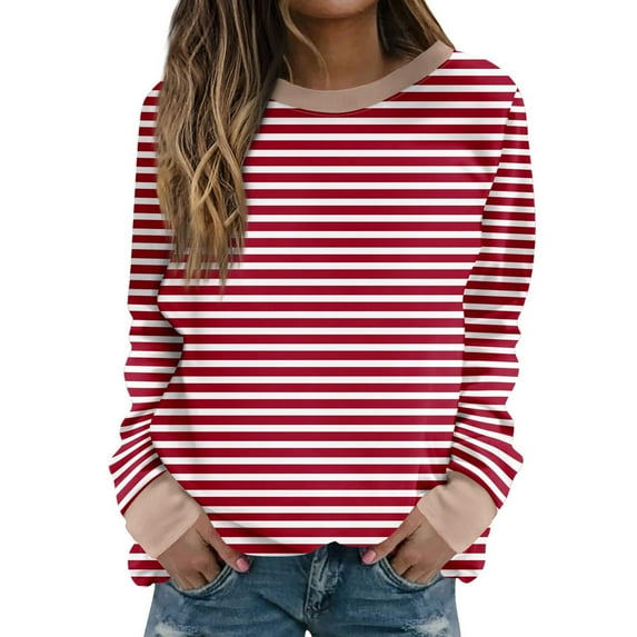 BODOAO Women Oversized Striped Crewneck Sweatshirt Long Sleeve Color Block Pullover Tops Casual Loose Workout Shirt Women Sweatshirt Striped Crewneck – 2024 Trendy Fall Pullover Clothes Red M
