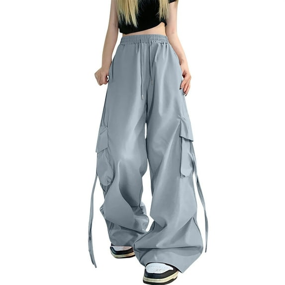BODOAO Women Quick-Dry Cargo Pants Y2K Wide Leg Baggy Pants Lightweight Hiking Pants Streetwear with Drawstring American Hot Girl Work Pants Summer Versatile Loose Design Sense Wide Leg Pants Blue Xl