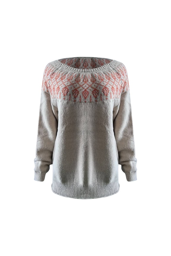 Women'S Knitted Fair Isle Print Retro Sweater Loose Crewneck Long Sleeve Lightweight Cropped Pullover Tops 2025 Boho Knitted Vintage Sweaters Chunky Knit Pullover Tops Fall Outfits Khaki S