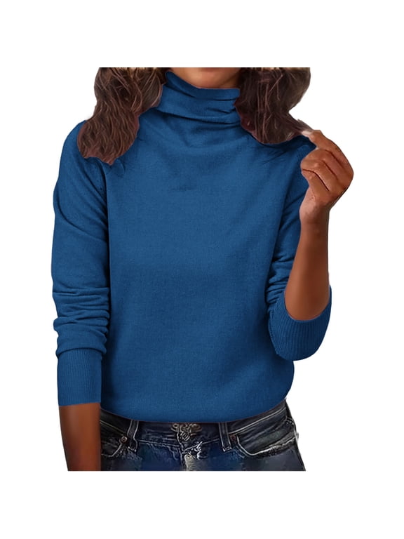 Women'S Turtleneck Sweaters Long Sleeve Knitted Pullover Warm Cozy Tops Winter Classic-Fit Lightweight Chunky Knitted Basic Jumper Top 2025 Fall Work Outfits Thermal Underwear Tops Blue XL