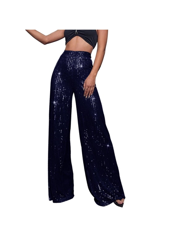 Women Sequin Pants Sparkly Glitter High Waisted Wide Leg Flare Trousers Fashion Bell Bottom Night Out Clubwear Sequin Loose Drape Pants Fashion Casual Pants BU3 S