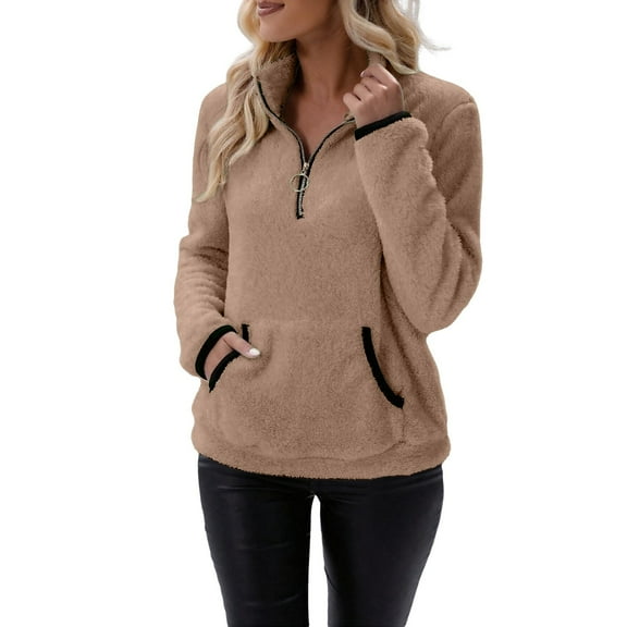 BODOAO Women Sherpa Fleece Pullover Quarter Zip Long Sleeve Fluffy Soft Sweaters Jacket Plus Size Winter Coats with Pockets Fall Warm Oversized 3/4 Zip Pullover Sweatshirt Winter Tops Coat Coffee L
