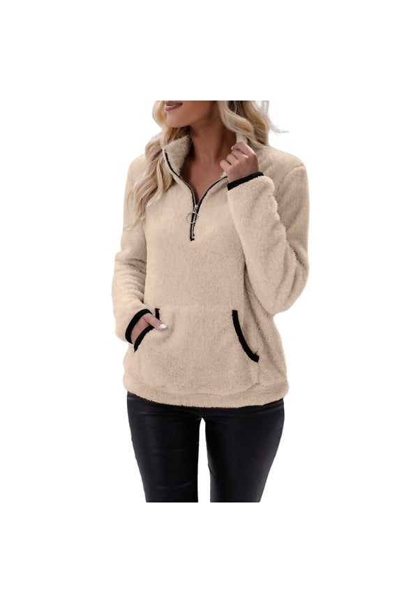 Women Sherpa Fleece Pullover Quarter Zip Long Sleeve Fluffy Soft Sweaters Jacket Plus Size Winter Coats with Pockets Fall Warm Oversized 3/4 Zip Pullover Sweatshirt Winter Tops Coat Khaki S