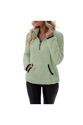 Women Sherpa Fleece Pullover Quarter Zip Long Sleeve Fluffy Soft Sweaters Jacket Plus Size Winter Coats with Pockets Fall Warm Oversized 3/4 Zip Sweatshirt Winter Tops Coat Light green XL